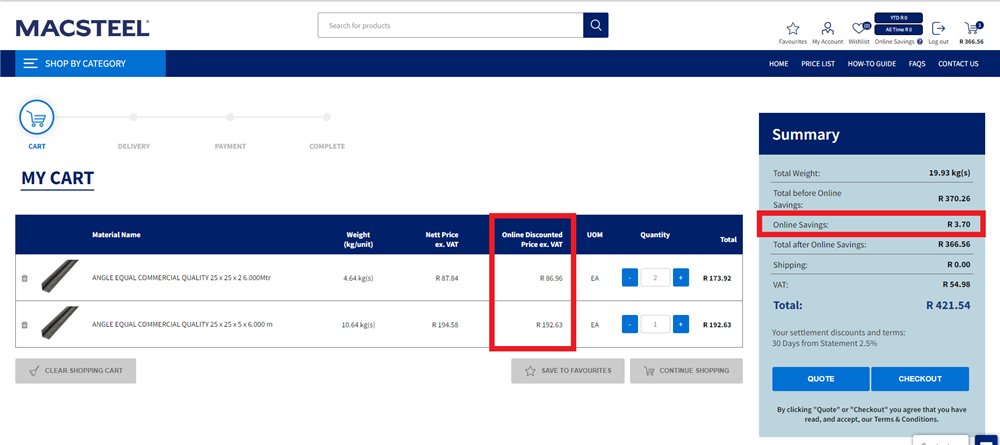 Online Savings On Cart Screen